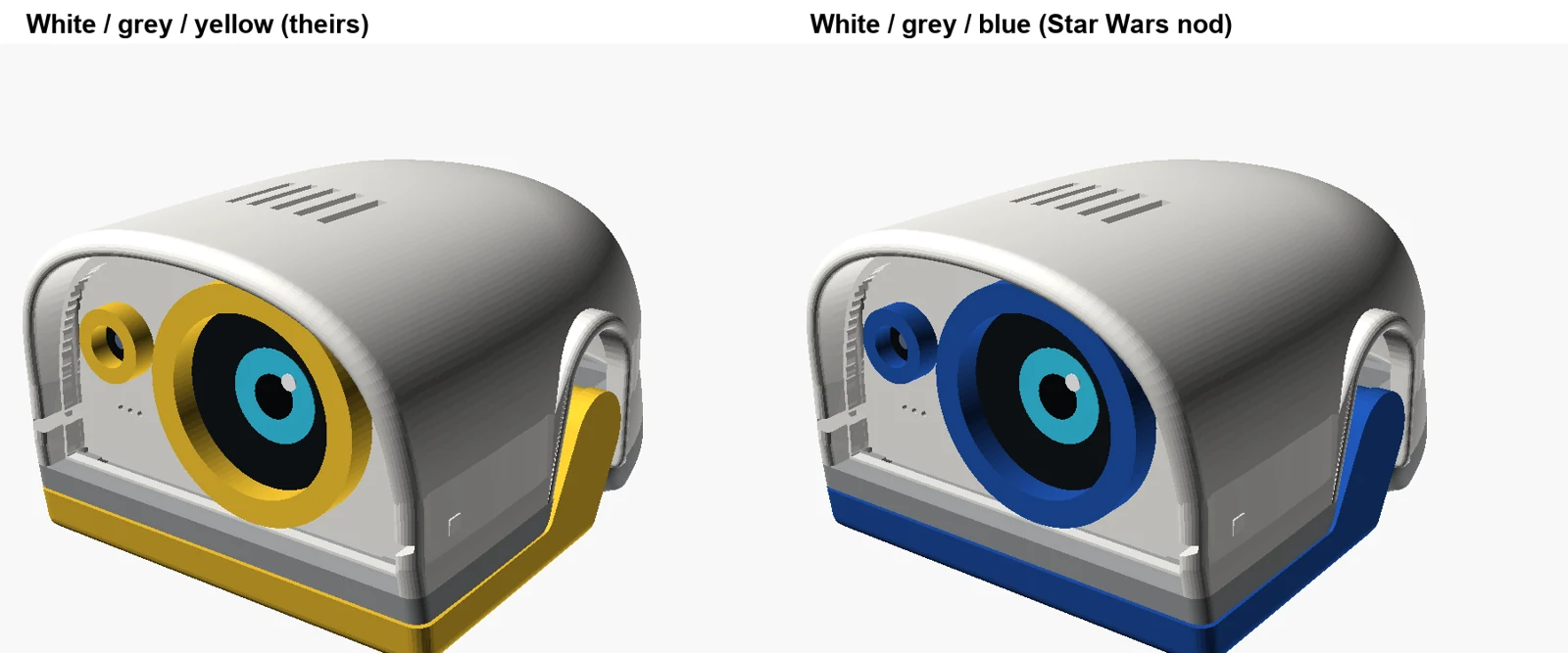 Two renders of the head side by side, one with yellow accents and one with blue