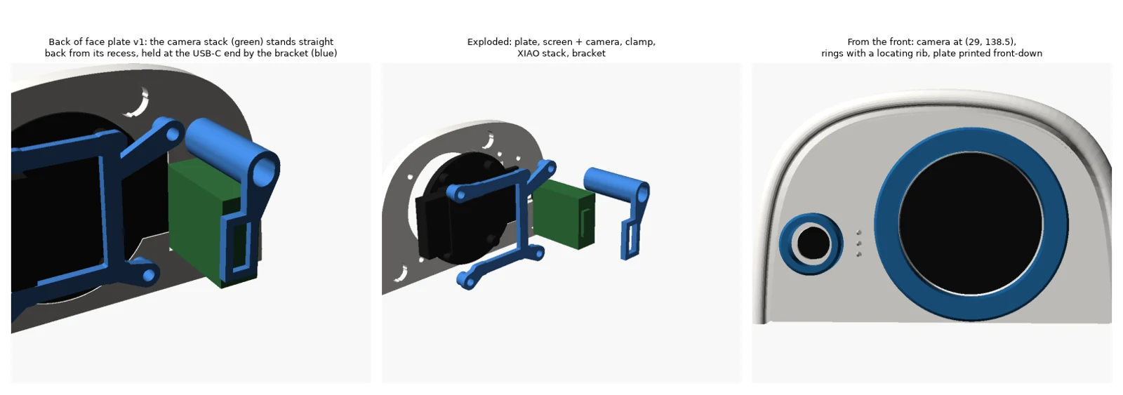 Renders of the back of the face plate showing the camera pocket, the XIAO stack and its bracket
