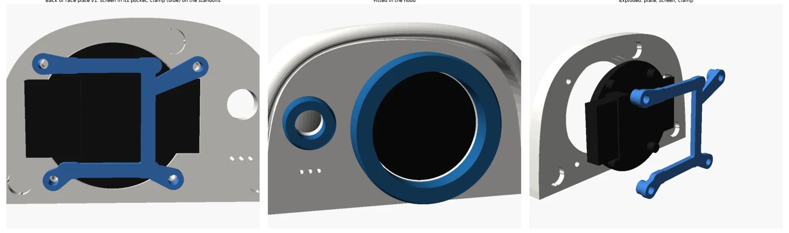 Renders of the face plate from behind with the screen in its pocket and the blue clamp over it